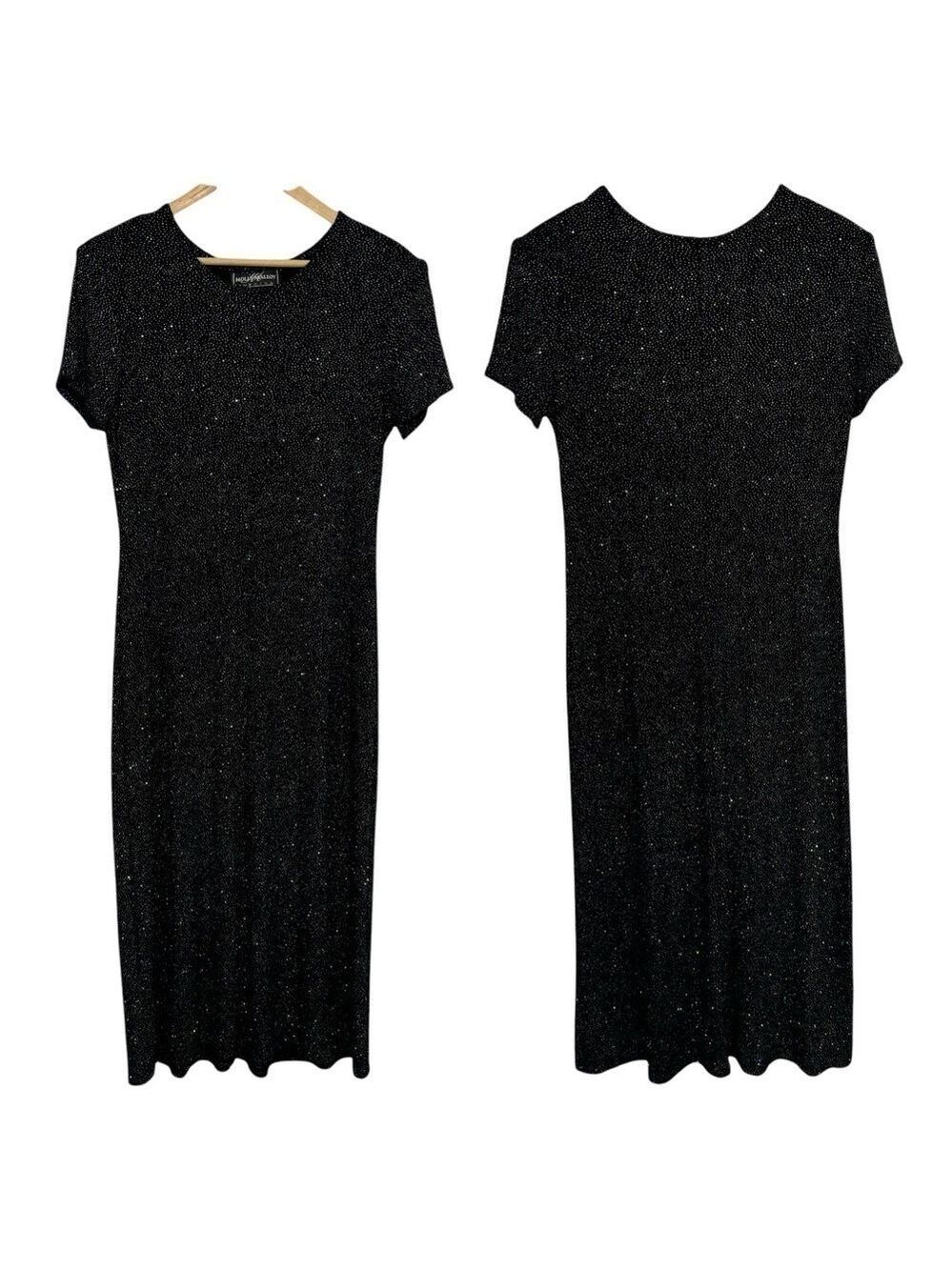 Vintage Molly Malloy Stretch Maxi Dress Sz 10 Black Rainbow Sparkle Party EUC